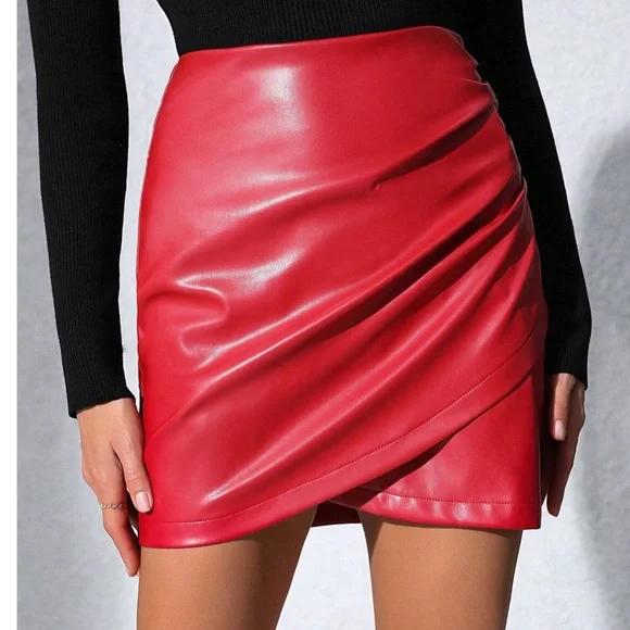 Vegan Leather Asymmetrical Mini Party Evening Skirt - Picture 5 of 12